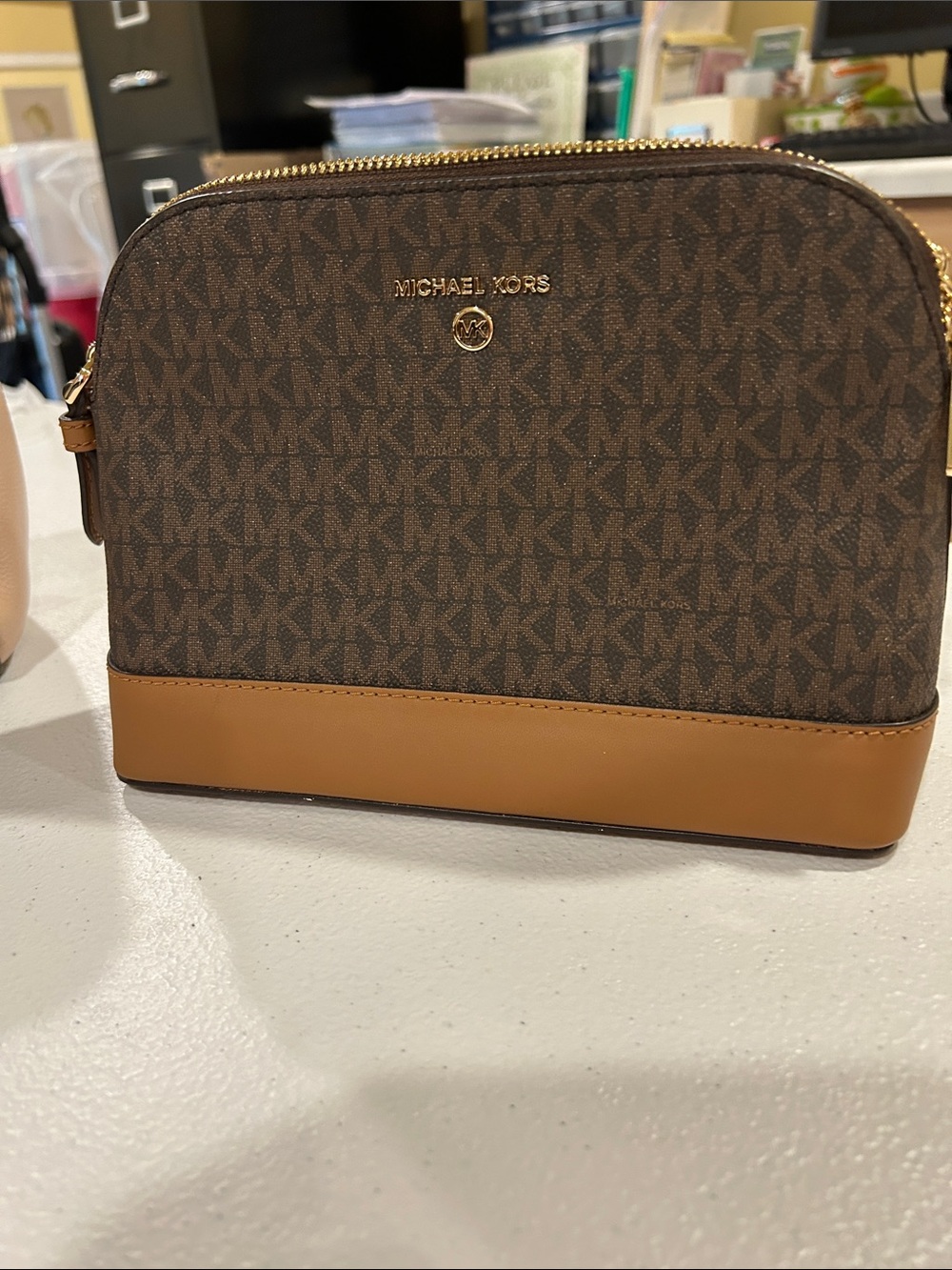 Michael Kors Brown Monogram Hand Bag with Tan Trim